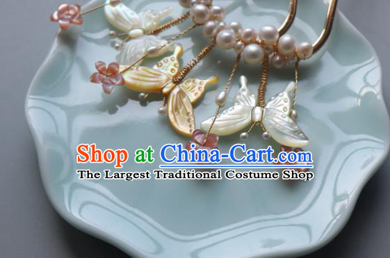Chinese Classical Pearls Hair Comb Hanfu Hair Accessories Handmade Ancient Princess Shell Butterfly Hairpins for Women