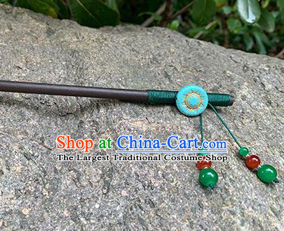 Chinese Classical Cheongsam Wood Hair Clip Hanfu Hair Accessories Handmade Ancient Ebony Green Beads Tassel Hairpin for Women