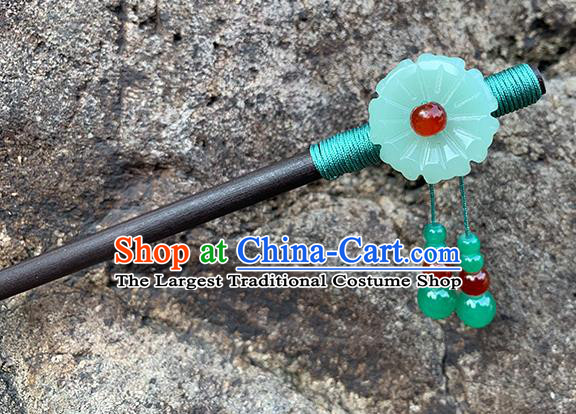 Chinese Classical Cheongsam Wood Tassel Hair Clip Hanfu Hair Accessories Handmade Ancient Ebony Green Flower Hairpin for Women