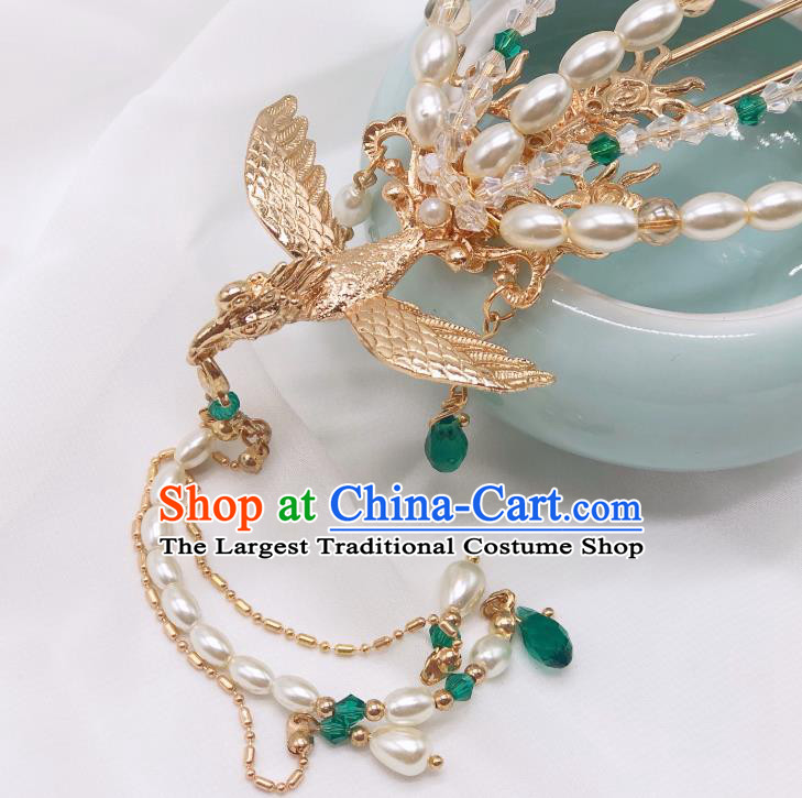 Chinese Classical Court Pearls Tassel Hair Clip Women Hanfu Hair Accessories Handmade Ancient Empress Green Crystal Phoenix Hairpins
