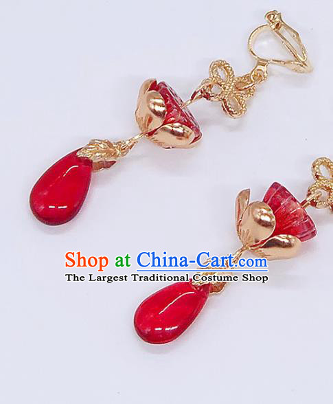 Handmade Chinese Ming Dynasty Red Lotus Seedpod Ear Accessories Classical Eardrop Ancient Court Women Hanfu Earrings