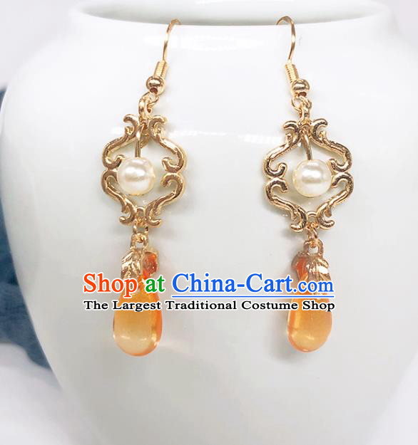 Handmade Chinese Classical Ear Accessories Eardrop Ancient Ming Dynasty Golden Court Women Hanfu Earrings