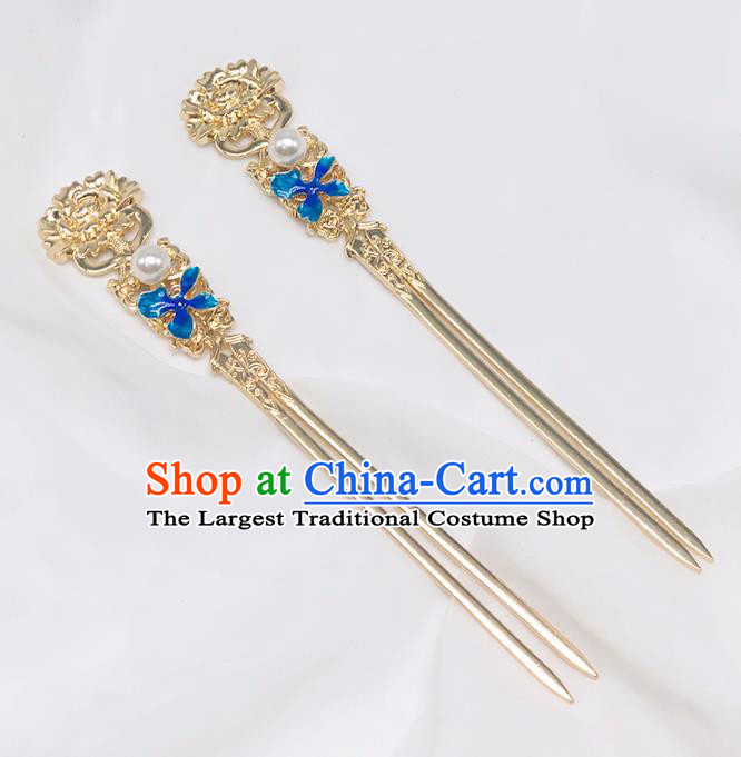 Chinese Classical Cloisonne Hair Clip Women Hanfu Hair Accessories Handmade Ancient Ming Dynasty Imperial Concubine Golden Hairpins