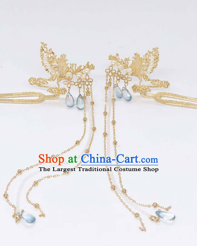 Chinese Classical Tassel Hair Clip Women Hanfu Hair Accessories Handmade Ancient Ming Dynasty Princess Golden Phoenix Hairpins