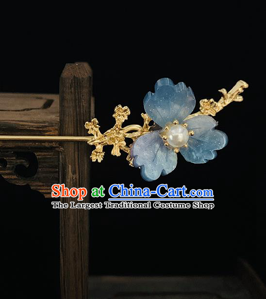 Chinese Classical Blue Flower Hair Clip Hanfu Hair Accessories Handmade Ancient Princess Hairpin for Women