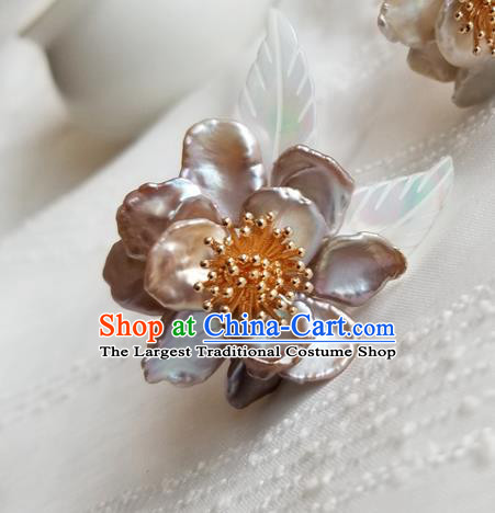 Chinese Classical Grey Camellia Hair Clip Hanfu Hair Accessories Handmade Ancient Princess Shell Hairpins for Women