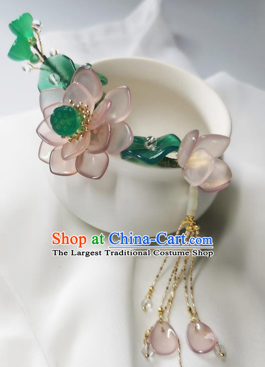 Chinese Classical Pink Lotus Hair Crown Hanfu Hair Accessories Handmade Ancient Queen Tassel Hairpins for Women