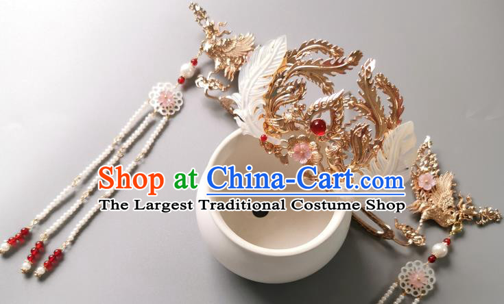 Chinese Classical Golden Phoenix Hair Crown Hanfu Hair Accessories Handmade Ancient Song Dynasty Queen Beads Tassel Hairpins for Women