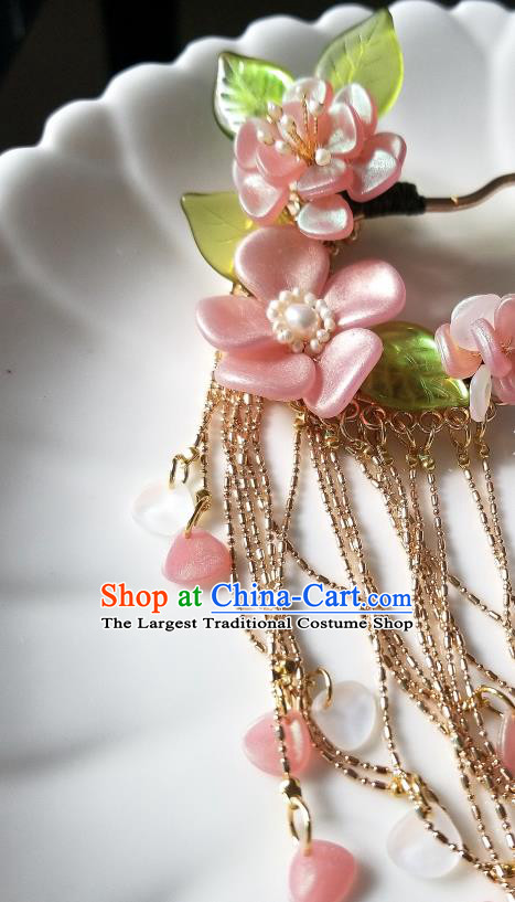 Chinese Classical Golden Tassel Hair Clip Hanfu Hair Accessories Handmade Ancient Song Dynasty Queen Pink Flowers Hairpins for Women