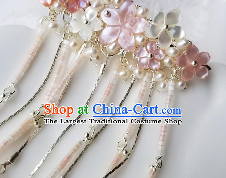 Chinese Classical Shell Flowers Tassel Hair Claw Hanfu Hair Accessories Handmade Ancient Queen Pearls Hairpins for Women