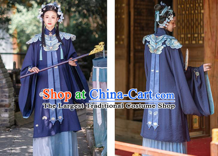 Chinese Ancient Ming Dynasty Royal Princess Navy Gown and Skirt Traditional Hanfu Apparels Historical Costumes for Rich Women