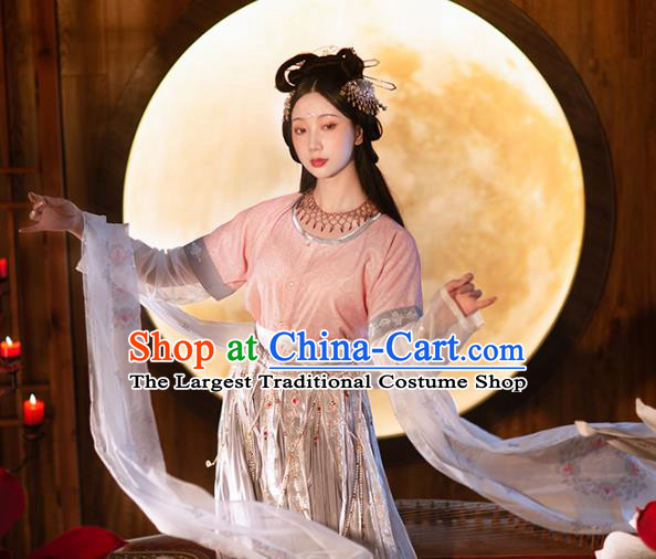 Chinese Tang Dynasty Historical Costumes Traditional Hanfu Apparels Ancient Goddess Embroidered Half Sleeved Garment Blouse and Skirt Full Set