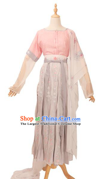 Chinese Tang Dynasty Historical Costumes Traditional Hanfu Apparels Ancient Goddess Embroidered Half Sleeved Garment Blouse and Skirt Full Set