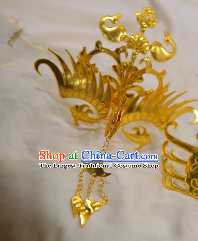 Chinese Classical Court Phoenix Hair Crown Women Hanfu Hair Accessories Handmade Ancient Tang Dynasty Empress Golden Tassel Hairpins Phoenix Coronet