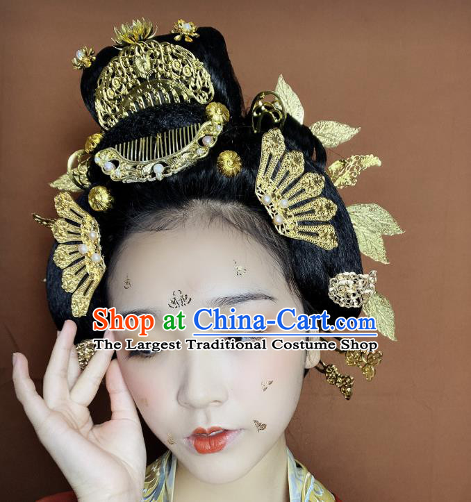 Chinese Classical Court Queen Golden Hair Combs Women Hanfu Hair Accessories Handmade Ancient Tang Dynasty Princess Hairpins Full Set