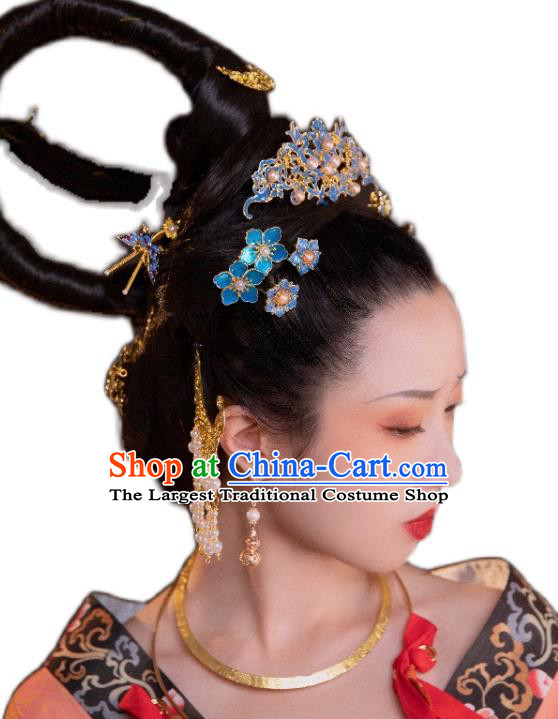 Chinese Classical Court Empress Hair Comb Women Hanfu Hair Accessories Handmade Ancient Ming Dynasty Blueing Hairpins Full Set
