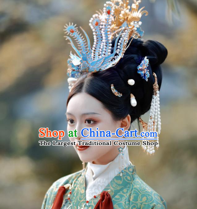 Chinese Classical Ancient Queen Phoenix Hair Crown Women Hanfu Hair Accessories Handmade Song Dynasty Empress Hairpins Complete Set