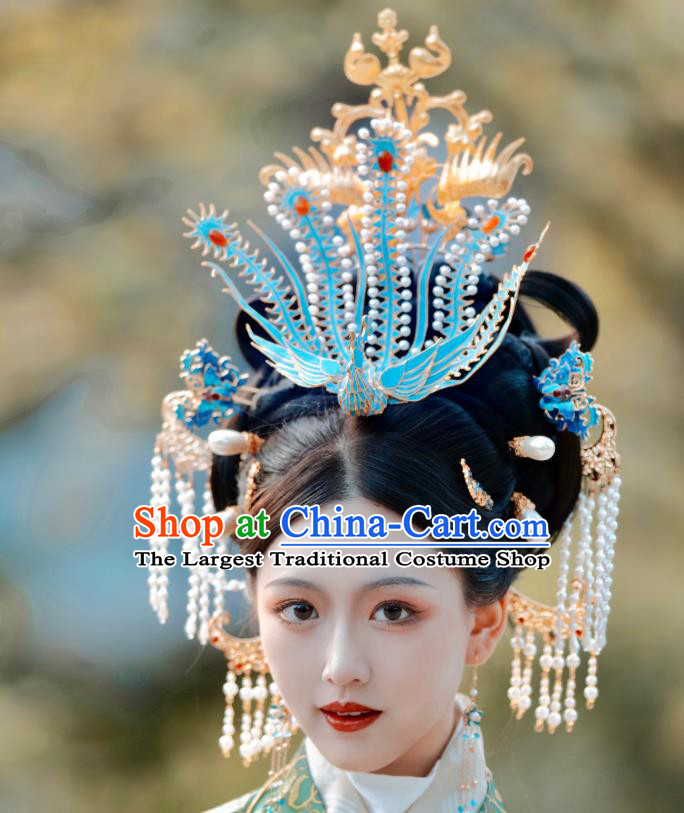 Chinese Classical Ancient Queen Phoenix Hair Crown Women Hanfu Hair Accessories Handmade Song Dynasty Empress Hairpins Complete Set