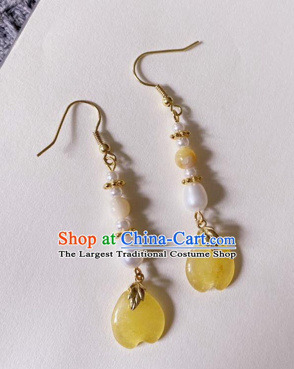 Handmade Chinese Classical Pearls Eardrop Cheongsam Ear Accessories Ancient Hanfu Yellow Stone Earrings