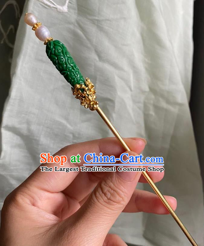 Chinese Song Dynasty Court Pearls Hairpin Handmade Ancient Empress Hanfu Hair Accessories Green Carving Hair Clip