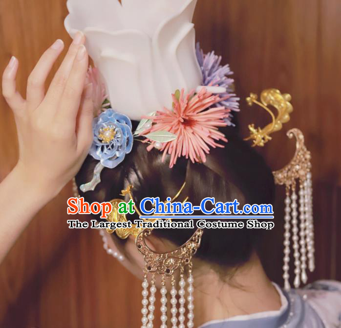 Chinese Classical Ancient Imperial Concubine Hair Crown Women Hanfu Hair Accessories Handmade Song Dynasty Court Lotus Hairpin