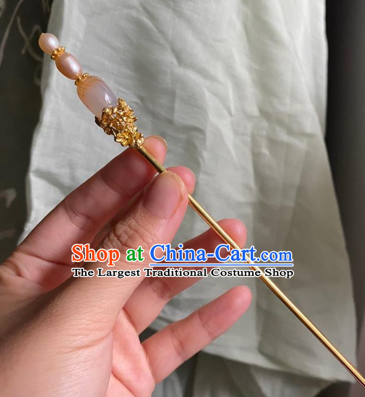 Chinese Ancient Court Empress Pink Pearls Hairpin Handmade Hanfu Hair Accessories Qing Dynasty Chalcedony Hair Clip