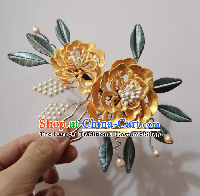 Chinese Classical Ancient Princess Golden Silk Peony Hair Comb Women Hanfu Hair Accessories Handmade Qing Dynasty Pearls Hairpin