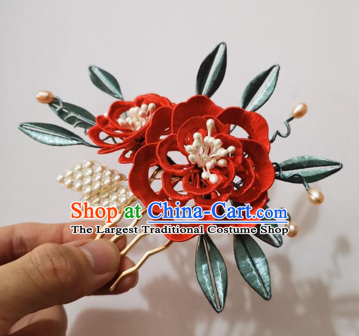 Chinese Classical Ancient Princess Red Silk Peony Hair Comb Women Hanfu Hair Accessories Handmade Qing Dynasty Pearls Hairpin