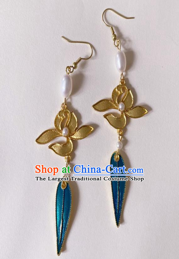 Handmade Chinese Classical Cheongsam Pearls Lotus Ear Accessories Eardrop Ancient Hanfu Blueing Leaf Earrings