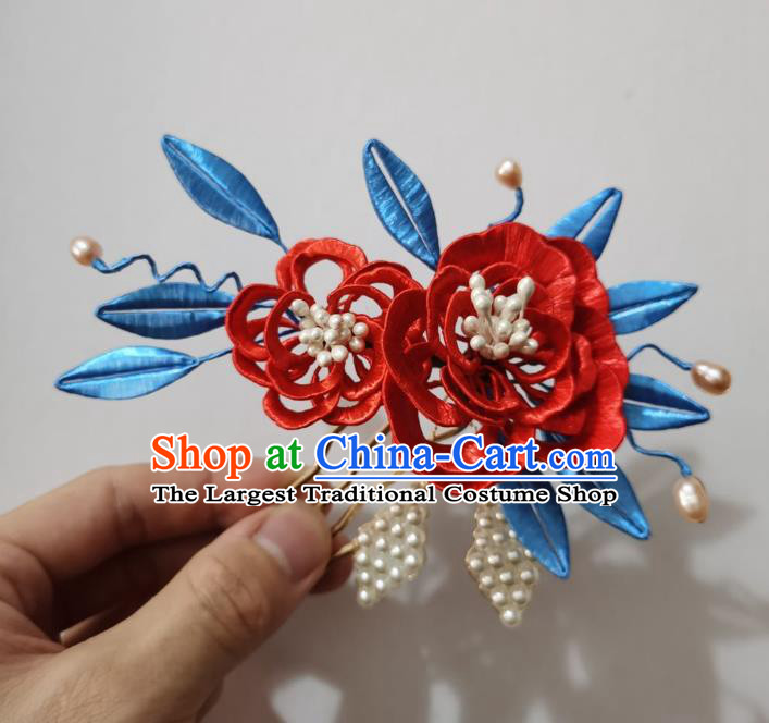Chinese Classical Qing Dynasty Princess Hair Comb Women Hanfu Hair Accessories Handmade Ancient Pearls Red Silk Peony Hairpin