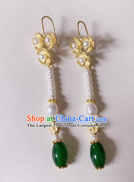 Handmade Chinese Classical Golden Eardrop Cheongsam Pearls Lotus Ear Accessories Ancient Hanfu Chrysoprase Earrings