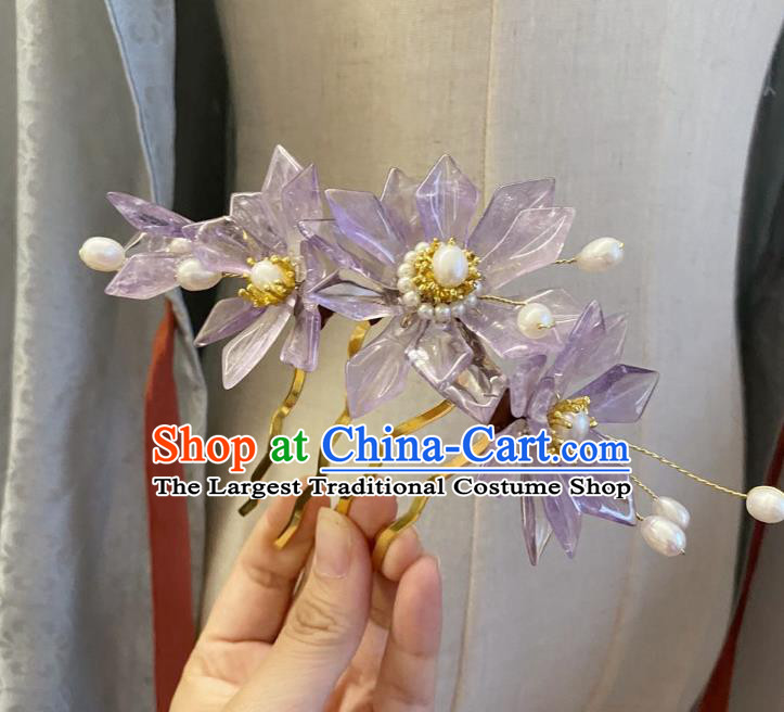 Chinese Classical Ming Dynasty Purple Lotus Hair Comb Women Hanfu Hair Accessories Handmade Ancient Princess Pearls Hairpin