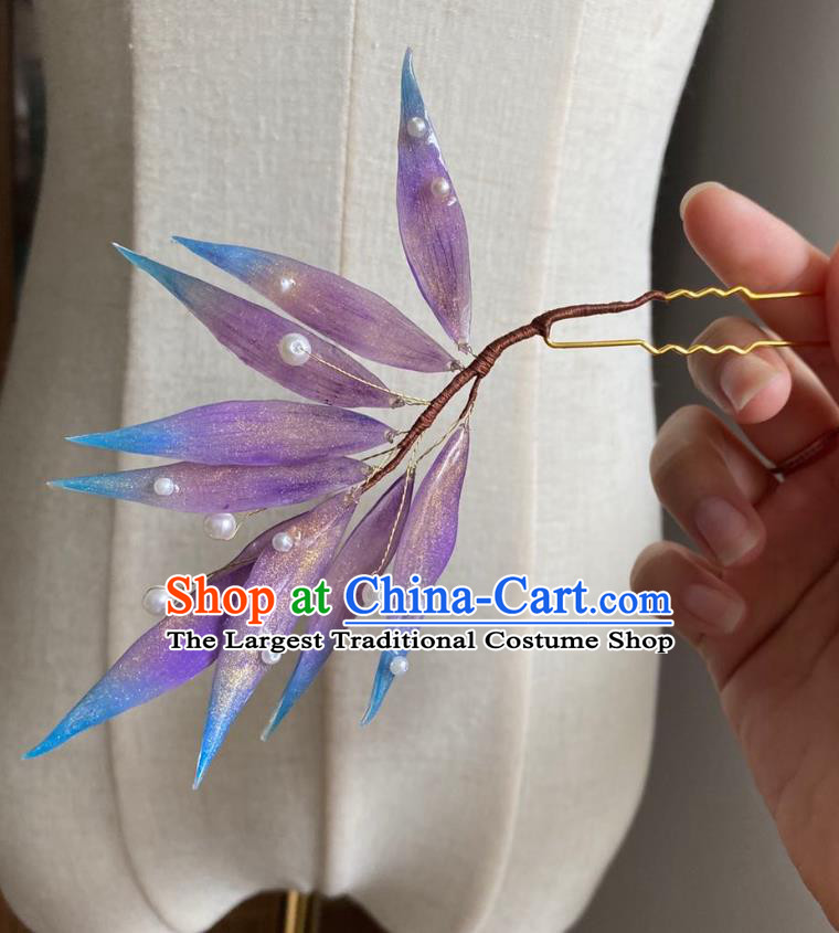 Chinese Ancient Court Purple Bamboo Leaf Hairpin Hanfu Hair Accessories Handmade Hair Clip