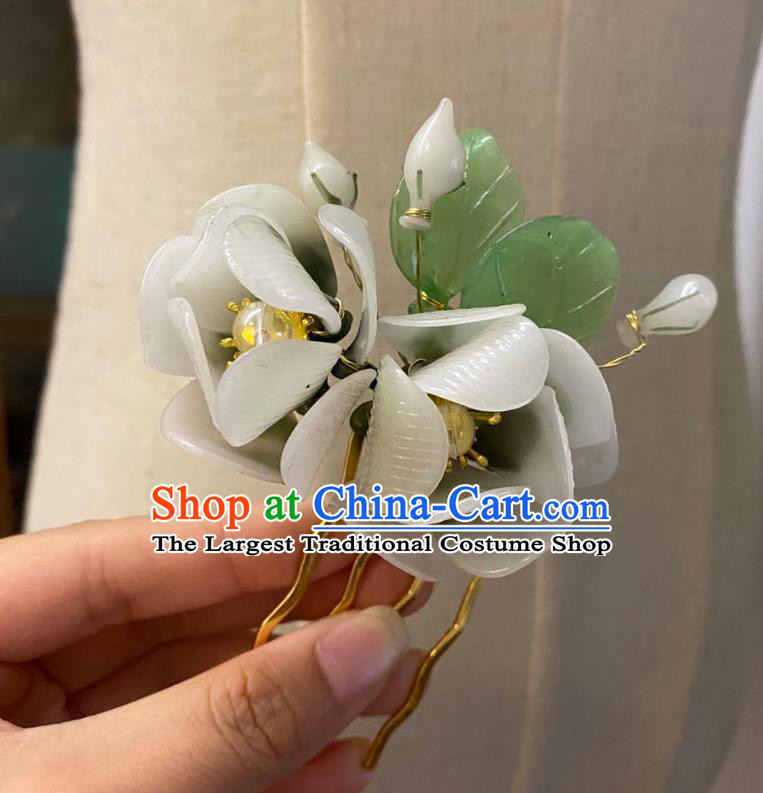 Chinese Classical Ming Dynasty White Camellia Hair Comb Women Hanfu Hair Accessories Handmade Ancient Princess Flowers Hairpin