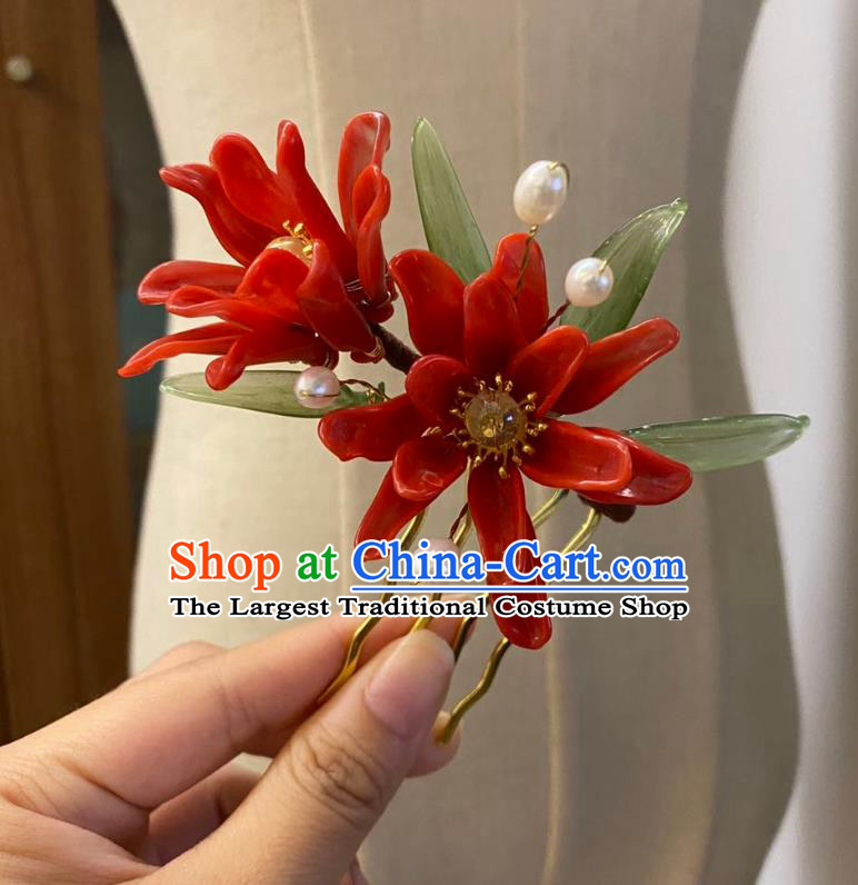 Chinese Classical Red Lily Flowers Hair Comb Women Hanfu Hair Accessories Handmade Ancient Ming Dynasty Princess Hairpin