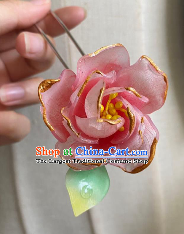 Chinese Ancient Palace Lady Hairpin Hanfu Hair Accessories Handmade Pink Rose Hair Clip