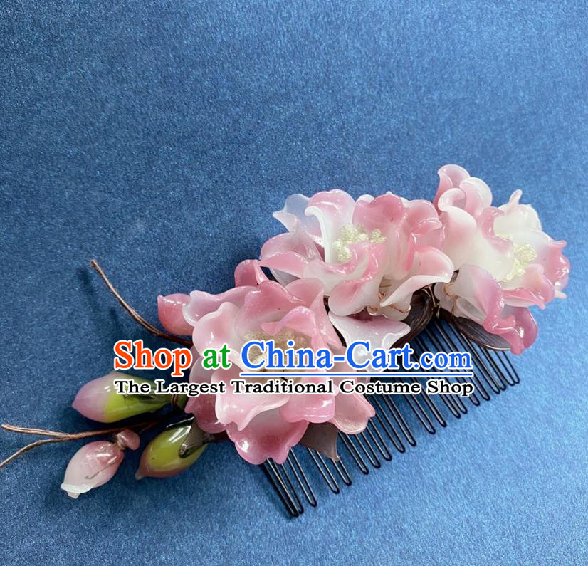 Chinese Classical Pink Peony Hair Comb Women Hanfu Hair Accessories Handmade Ancient Song Dynasty Princess Flowers Hairpin