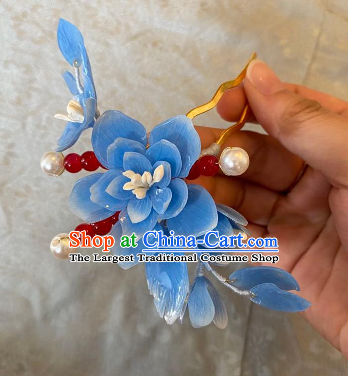 Chinese Women Classical Blue Flower Hair Clip Handmade Ancient Princess Hanfu Hair Accessories Red Beads Hairpin