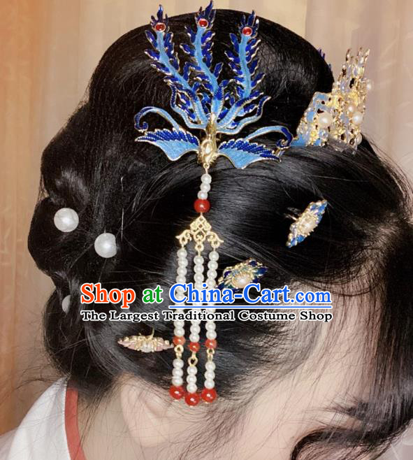 Chinese Classical Ancient Ming Dynasty Tassel Hairpins Women Hanfu Hair Accessories Handmade Court Blueing Phoenix Hair Clip