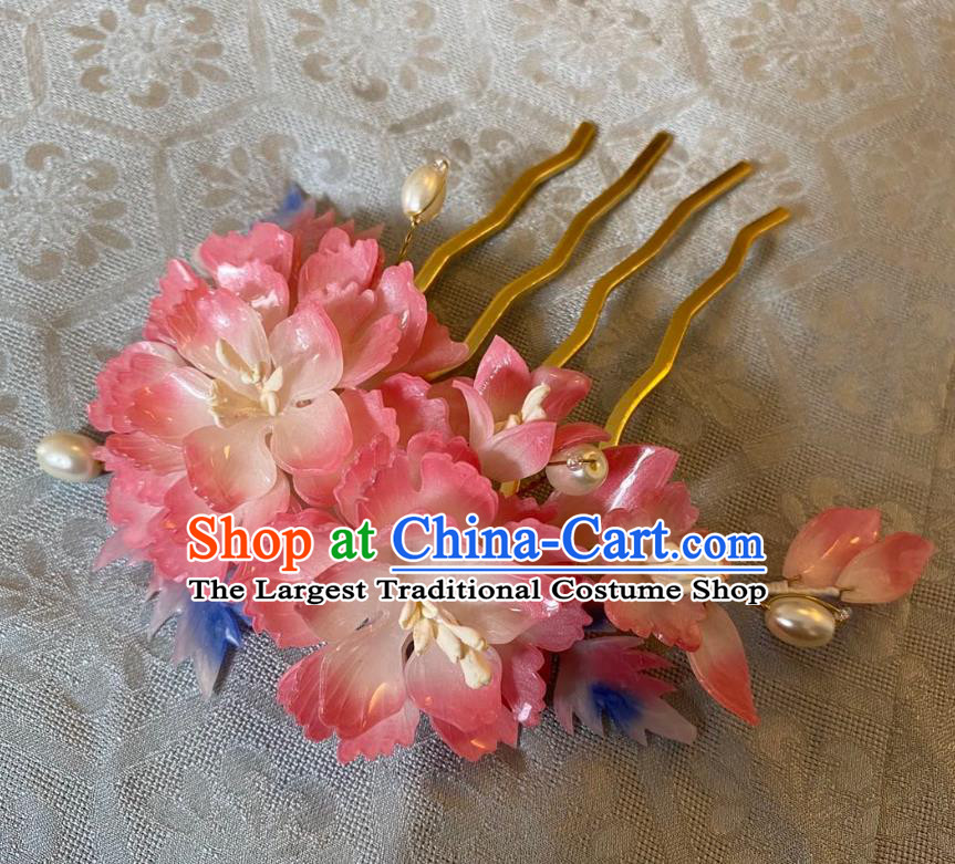 Chinese Women Classical Pearls Hairpin Handmade Ancient Princess Hanfu Hair Accessories Pink Peony Hair Comb