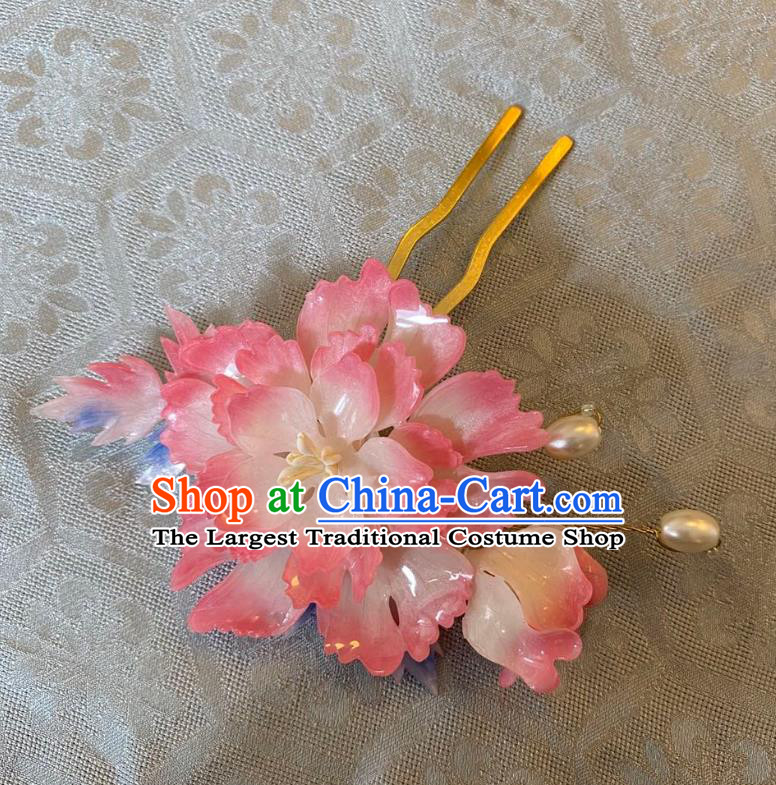 Chinese Women Classical Pink Flower Hairpin Handmade Ancient Princess Hanfu Hair Accessories Hair Clip