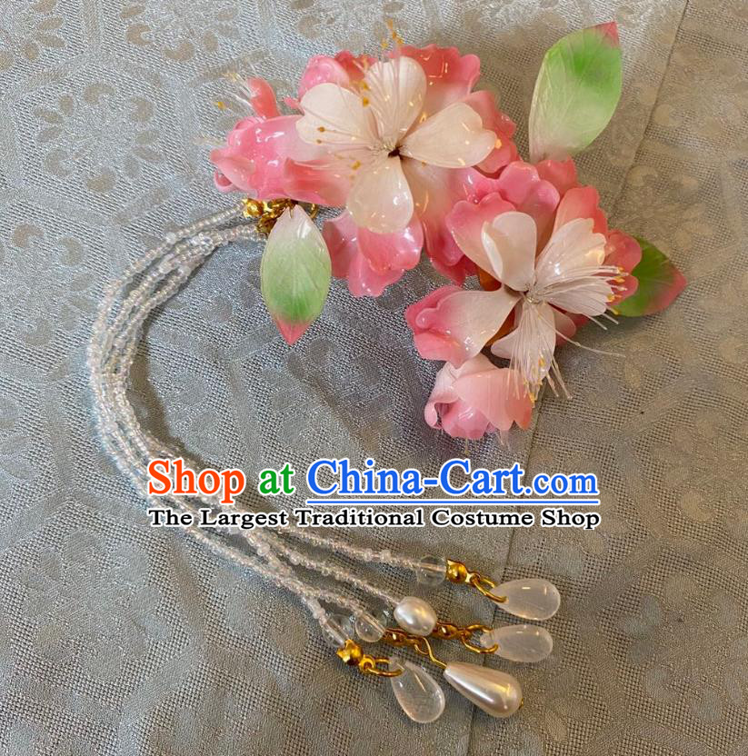 Chinese Women Classical Pink Flower Hair Stick Hairpin Handmade Ancient Princess Hanfu Hair Accessories Beads Tassel Hair Claw