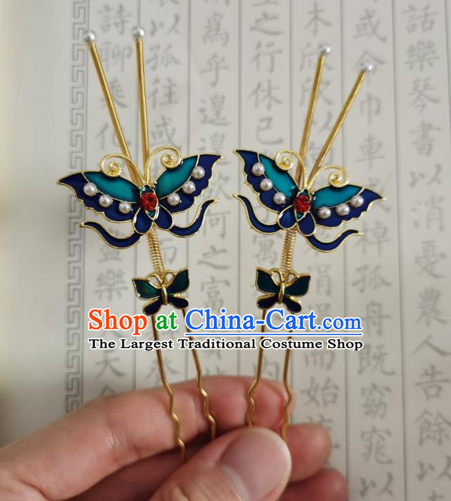 Chinese Women Classical Ming Dynasty Blueing Butterfly Hairpin Handmade Ancient Princess Hanfu Hair Accessories Hair Clip