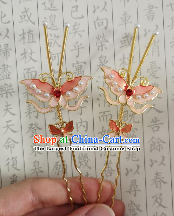 Chinese Women Classical Ming Dynasty Hairpin Handmade Ancient Princess Hanfu Hair Accessories Pink Butterfly Hair Clip