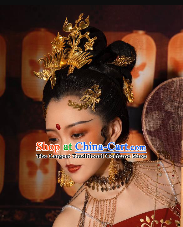 Chinese Women Classical Dance Golden Hairpin Handmade Ancient Princess Hanfu Hair Accessories Phoenix Hair Crown Complete Set