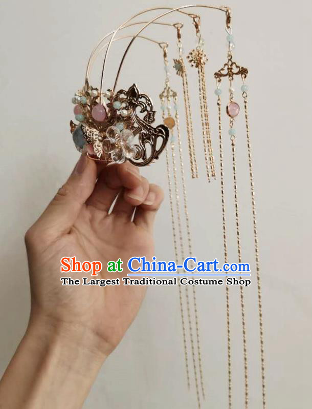 Chinese Tang Dynasty Classical Pearls Phoenix Coronet Hairpin Handmade Ancient Princess Hanfu Hair Accessories Women Golden Tassel Hair Crown