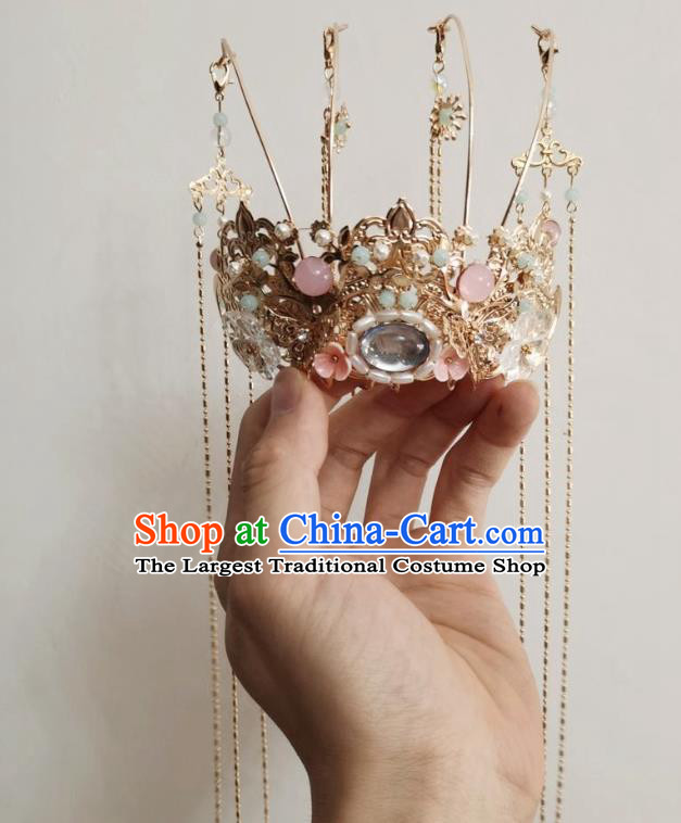 Chinese Tang Dynasty Classical Pearls Phoenix Coronet Hairpin Handmade Ancient Princess Hanfu Hair Accessories Women Golden Tassel Hair Crown