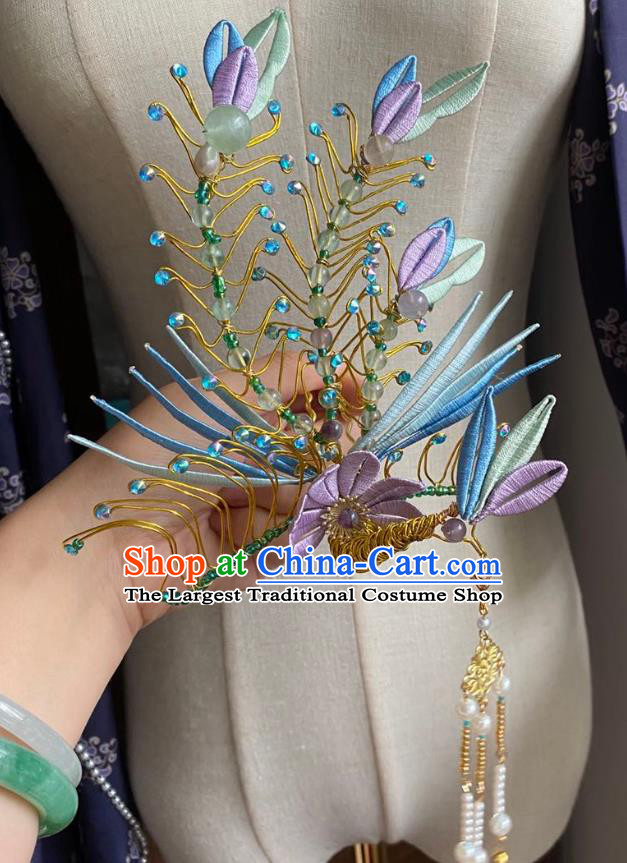Chinese Ming Dynasty Beads Hairpin Handmade Classical Ancient Empress Hanfu Hair Accessories Court Women Silk Phoenix Hair Crown