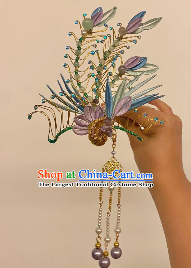 Chinese Ming Dynasty Beads Hairpin Handmade Classical Ancient Empress Hanfu Hair Accessories Court Women Silk Phoenix Hair Crown