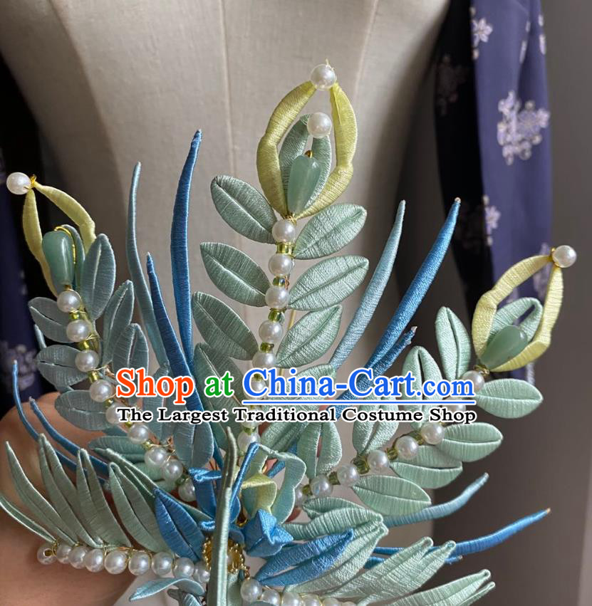 Chinese Ming Dynasty Pearls Hairpin Handmade Classical Ancient Empress Hanfu Hair Accessories Court Women Blue Silk Phoenix Hair Crown
